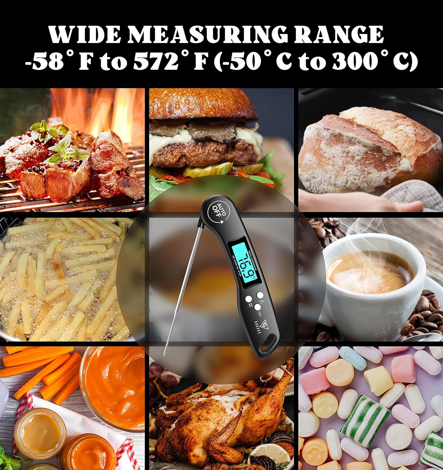 Meat Thermometers, DOQAUS Instant Read Food Thermometers for Cooking, Digital Kitchen Thermometer Probe with Backlight & Reversible Display, Cooking Temperature Thermometers for Turkey Grill BBQ Oven