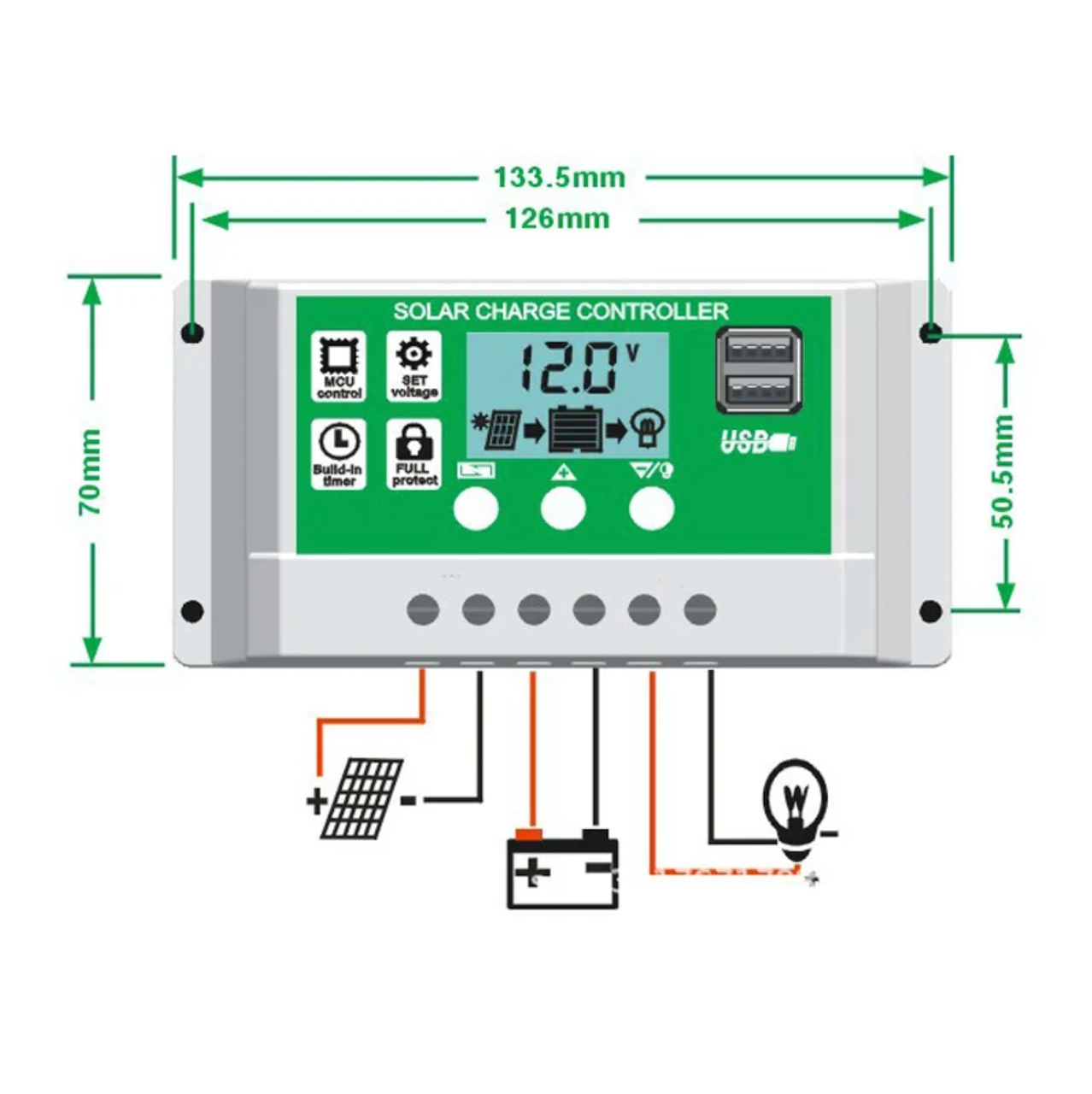 12V/24V Solar Charge Controller Lithium Ion LiFePO4 AGM Gel Flooded Battery Charge Regulator Intelligent, USB Port Display Overload Protection Temperature Compensation