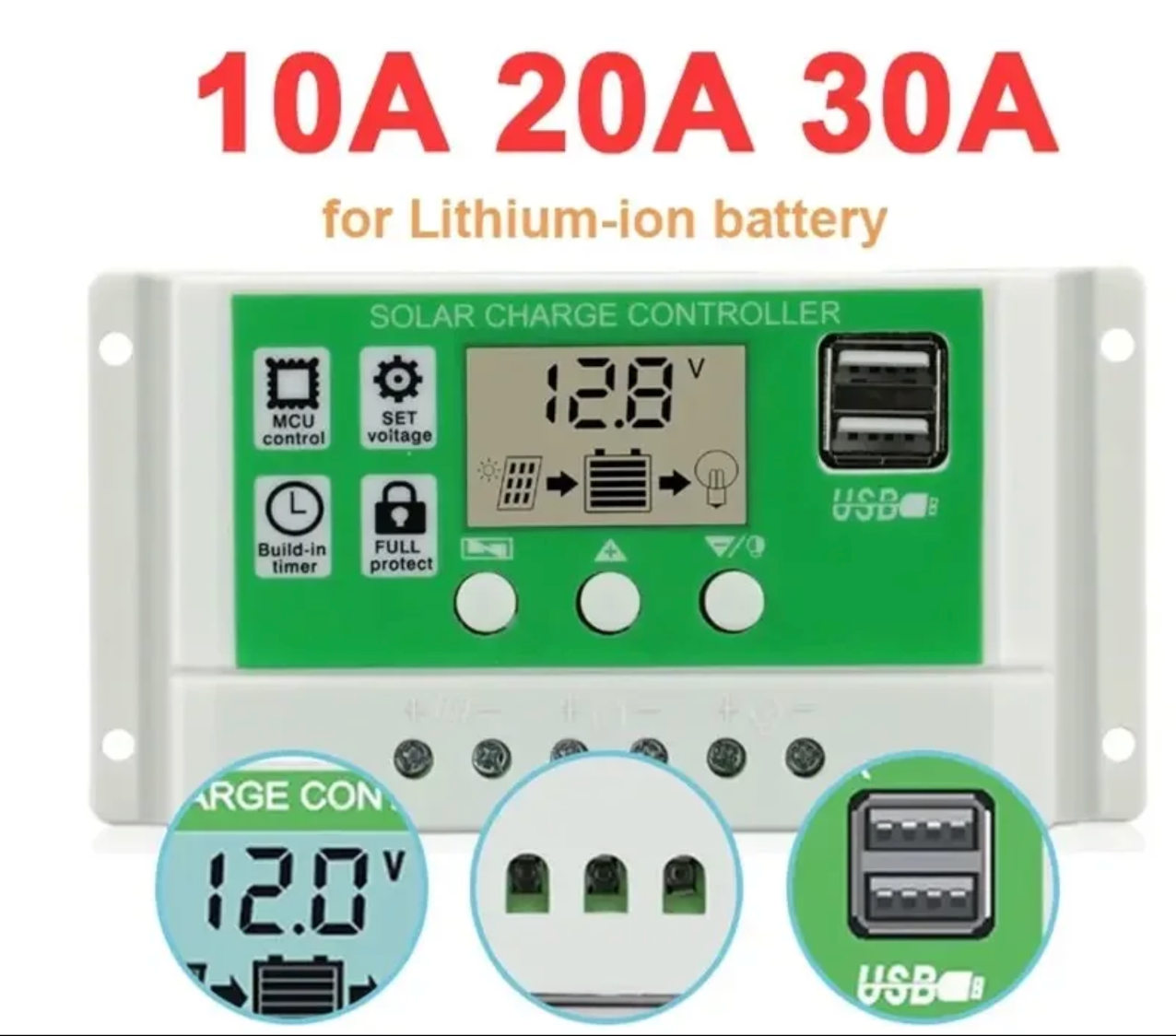 12V/24V Solar Charge Controller Lithium Ion LiFePO4 AGM Gel Flooded Battery Charge Regulator Intelligent, USB Port Display Overload Protection Temperature Compensation