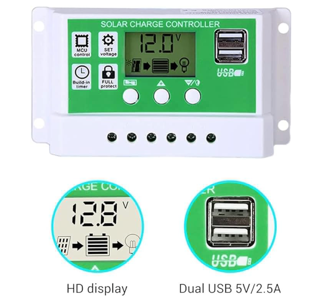 12V/24V Solar Charge Controller Lithium Ion LiFePO4 AGM Gel Flooded Battery Charge Regulator Intelligent, USB Port Display Overload Protection Temperature Compensation