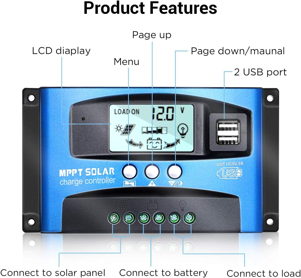 MPPT Solar Charge Controller 30A/40A/50A/60A/100A 12V/24V Auto Solar Panel Intelligent Regulator with Dual USB Port LCD Display for Lead Acid Batteries