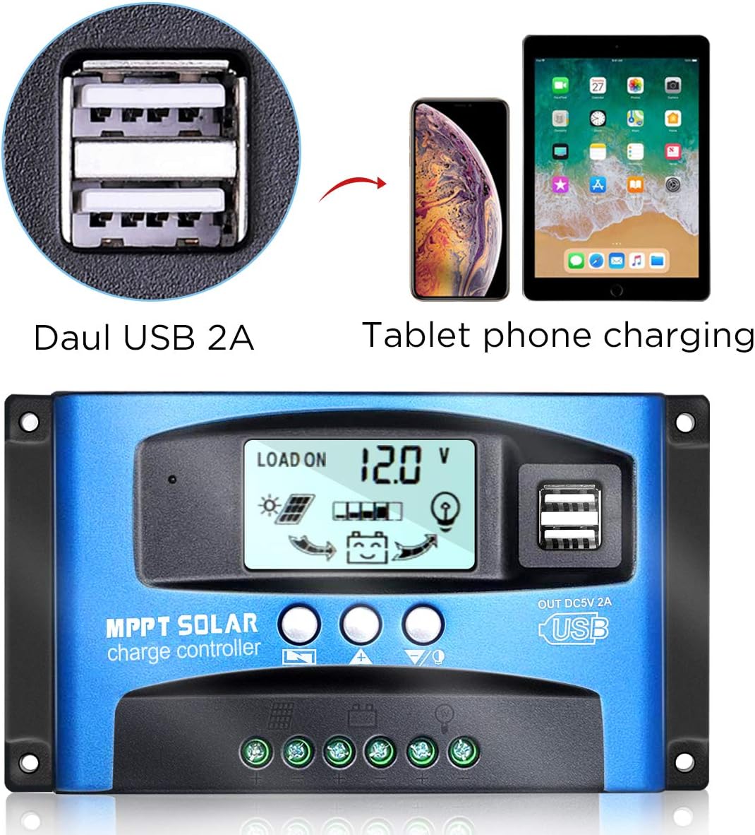 MPPT Solar Charge Controller 30A/40A/50A/60A/100A 12V/24V Auto Solar Panel Intelligent Regulator with Dual USB Port LCD Display for Lead Acid Batteries