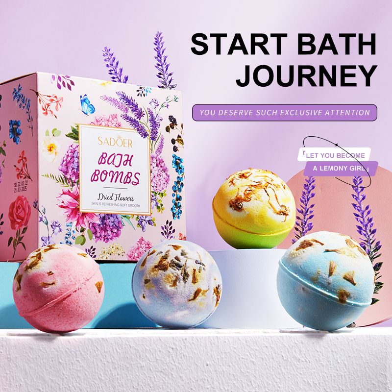 Luxurious Aromatherapy Bath Bombs by SADOER: Indulge in Lavender, Lemon, Rosemary & Rose Fragrances for a Gentle Skin-Caring & Relaxing Bath Experience SPA Bath Salt Balls A box of four