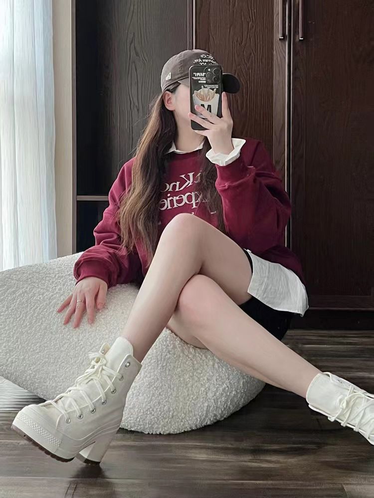 Retro high-heeled canvas shoes women's new round head lace up versatile height increase thick bottom high gang small white shoes