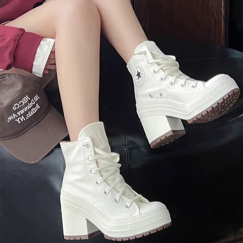 Retro high-heeled canvas shoes women's new round head lace up versatile height increase thick bottom high gang small white shoes