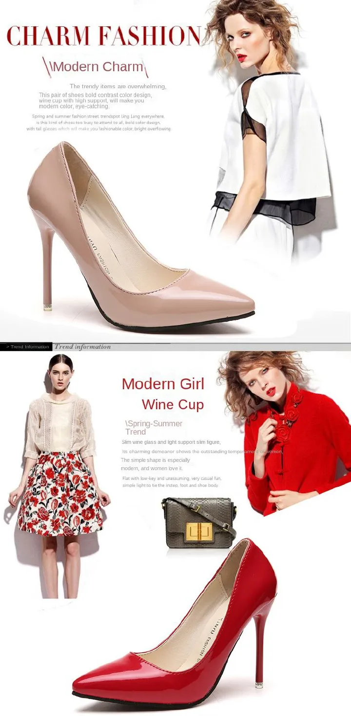 Station Nude Stiletto Heel High Heels Pointed Toe Black Work Shoes Women Patent Leather Blue Large Size Shoes Red Wedding Shoes