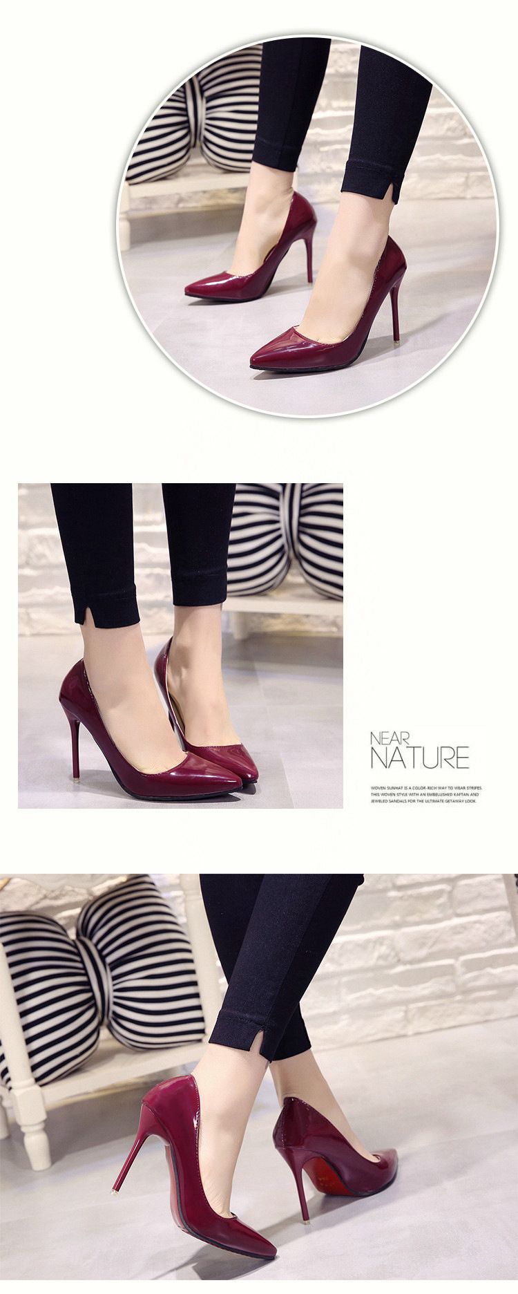 Station Nude Stiletto Heel High Heels Pointed Toe Black Work Shoes Women Patent Leather Blue Large Size Shoes Red Wedding Shoes