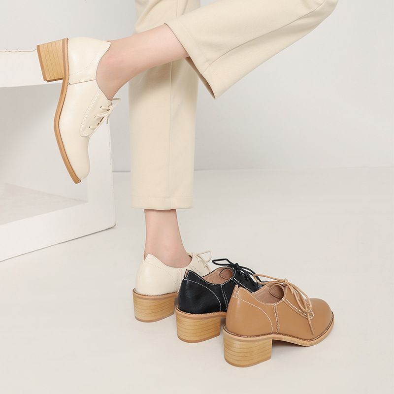 New Chunky Heel Vintage Leather Shoes British Style High Heel Pumps Casual Shoes Manufacturer Women's Shoes Leather Shoes