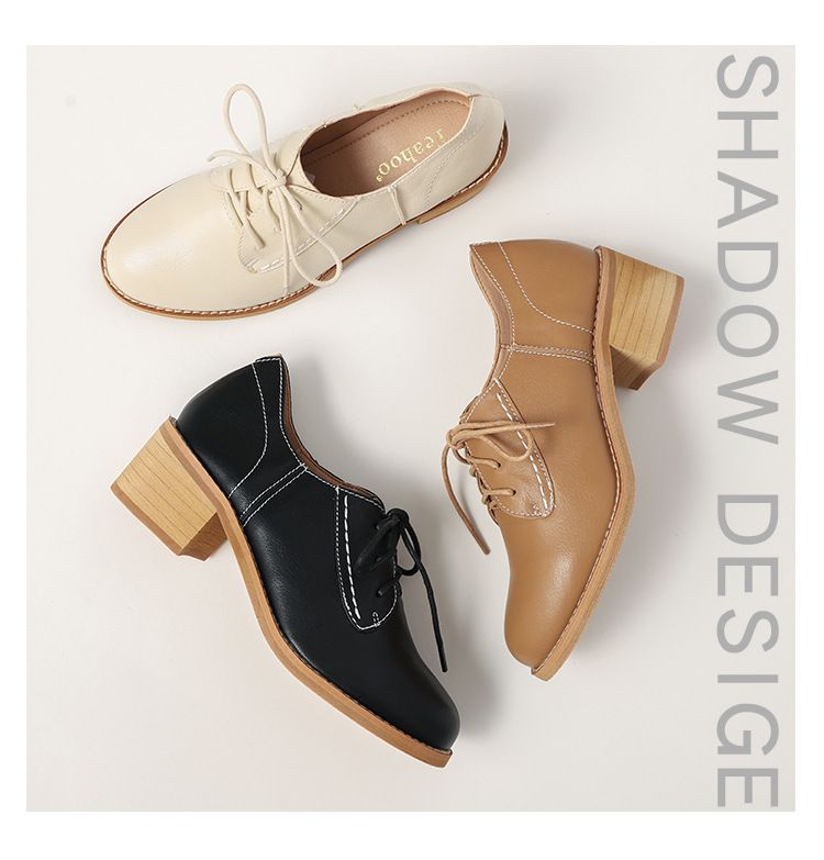 New Chunky Heel Vintage Leather Shoes British Style High Heel Pumps Casual Shoes Manufacturer Women's Shoes Leather Shoes
