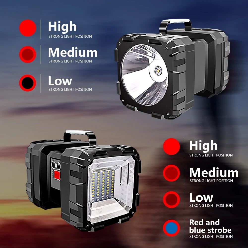 Most Powerful Double Head LED Searchlight Multifunctional Torch Rechargeable Work Light Dual Head Light Spotlight Handheld Flashlight Flood Light Work Lamp