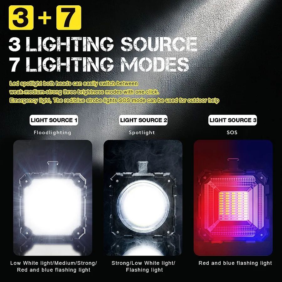 Most Powerful Double Head LED Searchlight Multifunctional Torch Rechargeable Work Light Dual Head Light Spotlight Handheld Flashlight Flood Light Work Lamp