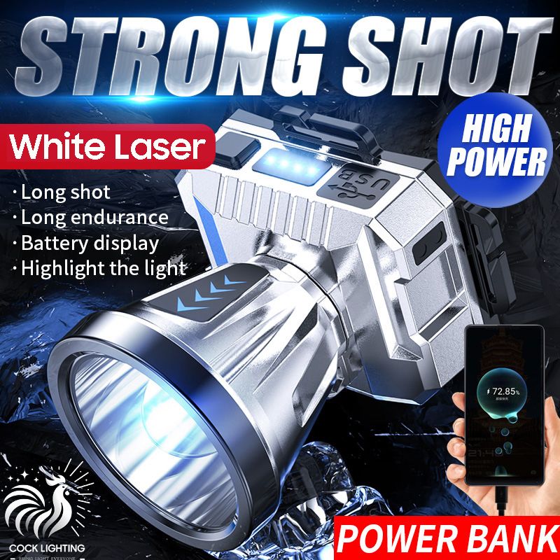 Rechargeable LED Headlamp White Laser Headlight 3 Modes Large Caliber Light Cup Adjustable Angle Flashlight Outdoor Torch IPX6 Waterproof