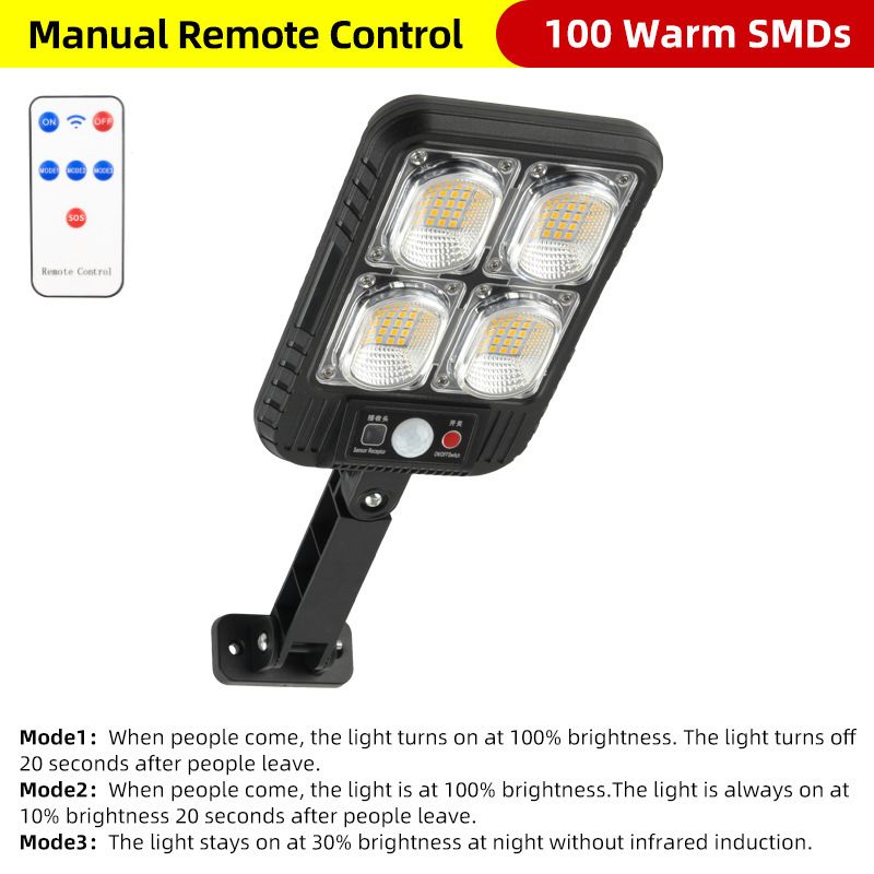 100LED/200LED Remote Control Solar Street Lights Outdoor Motion Sensor Security Waterproof Super Bright Wall Lights 3 Modes Wide Angle Area Light Black