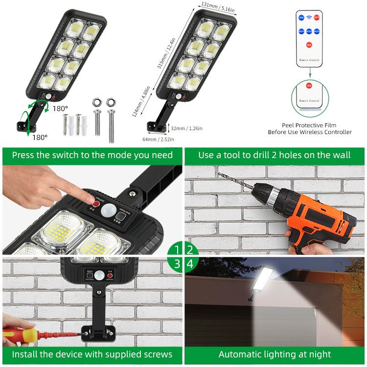 100LED/200LED Remote Control Solar Street Lights Outdoor Motion Sensor Security Waterproof Super Bright Wall Lights 3 Modes Wide Angle Area Light