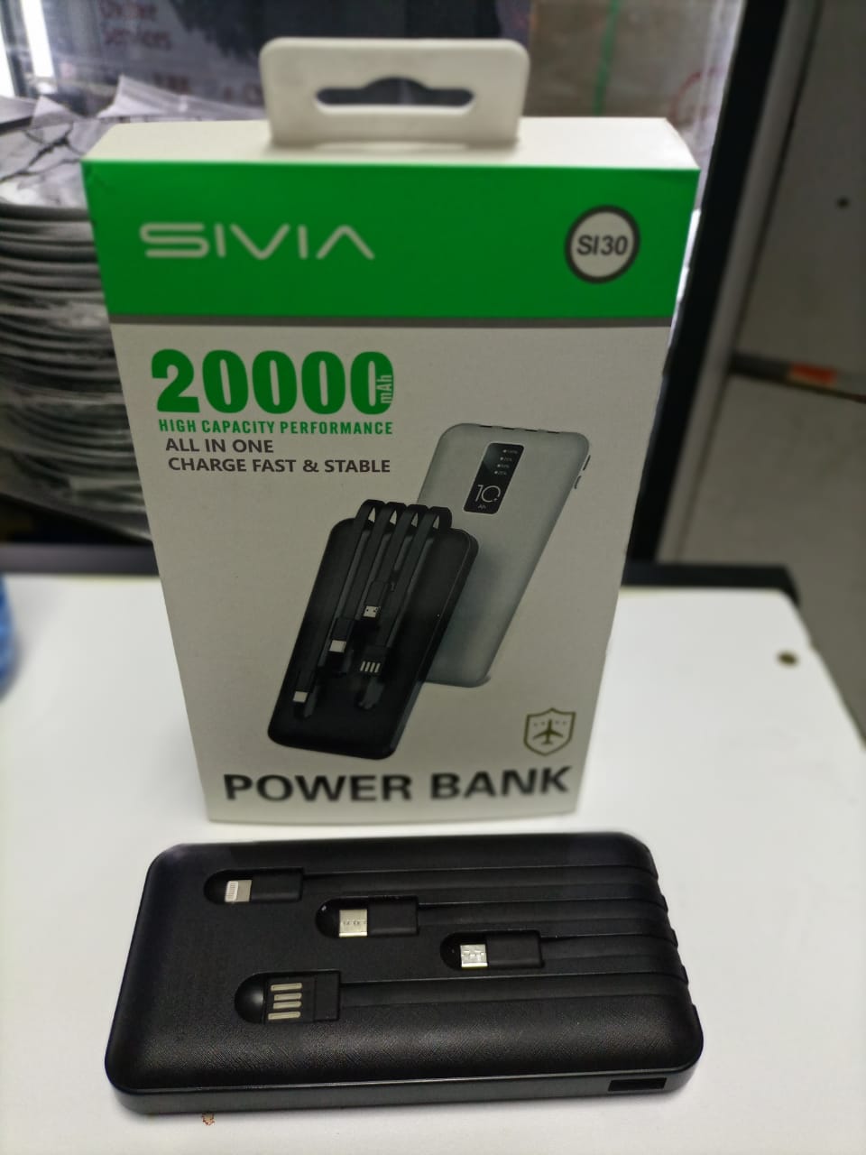 20000mAh High Capacity PowerBank 2.1A intelligent fast charging, compatible with 99% of electronic device  Comes with 4 cables that can charge 4 different devices at a go.