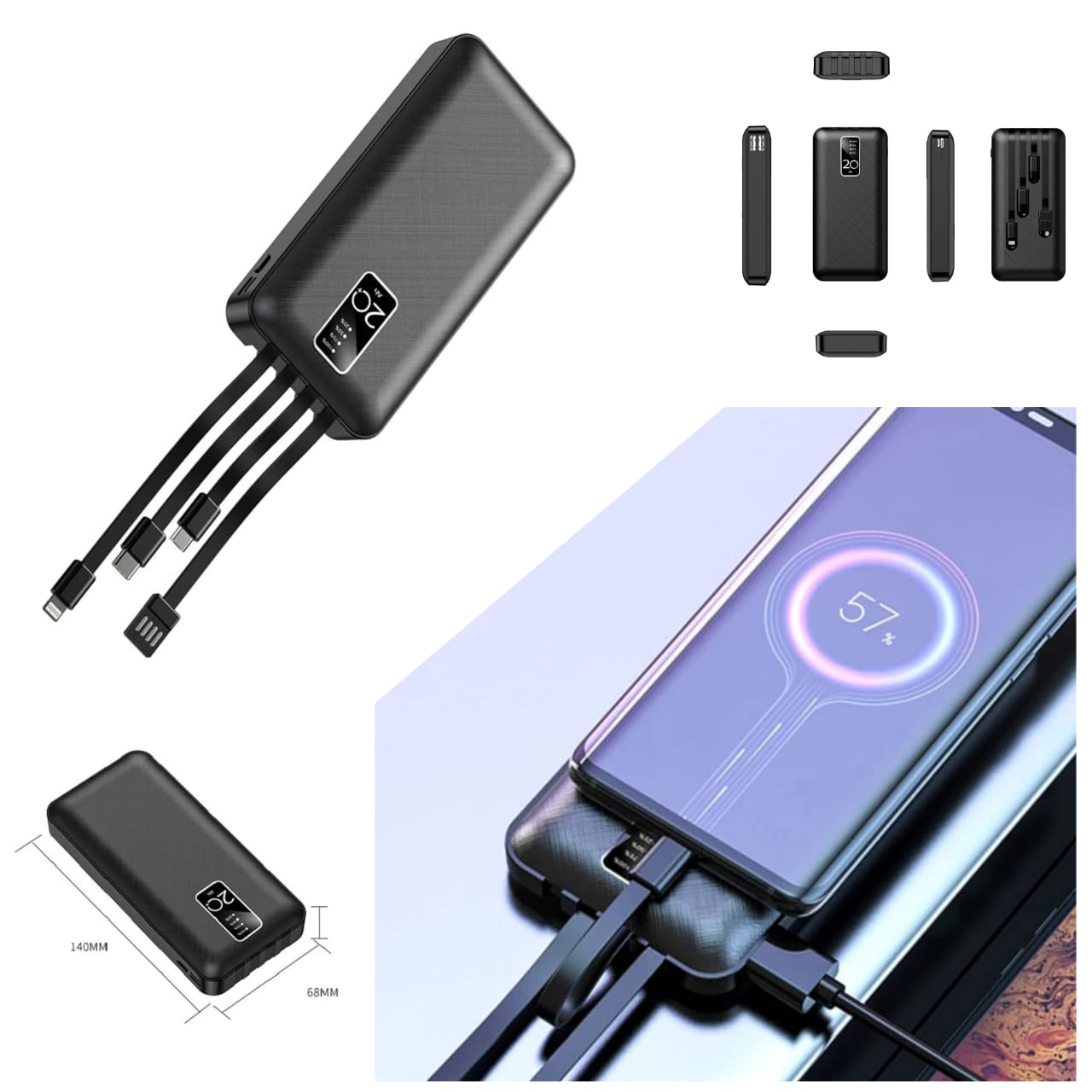 20000mAh High Capacity PowerBank 2.1A intelligent fast charging, compatible with 99% of electronic device  Comes with 4 cables that can charge 4 different devices at a go.