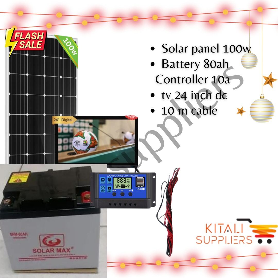 100w solarmax, 80ah battery, 10a controller, 24" tv  dc 10m cable