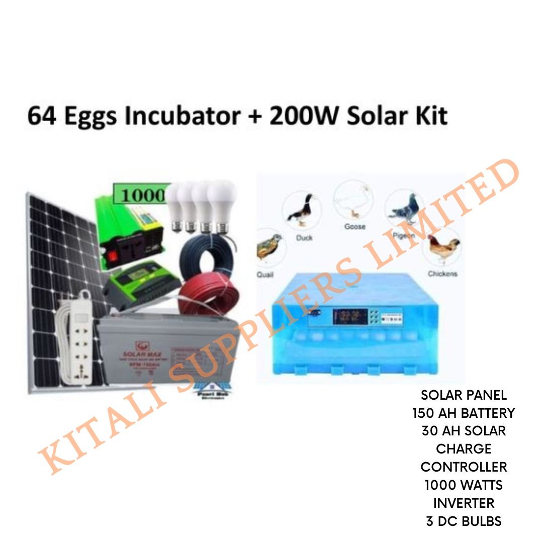 200w solar panel, 150ah battery 30amps controller, 1000w inverter  3pc dc bulbs 64 eggs incubator