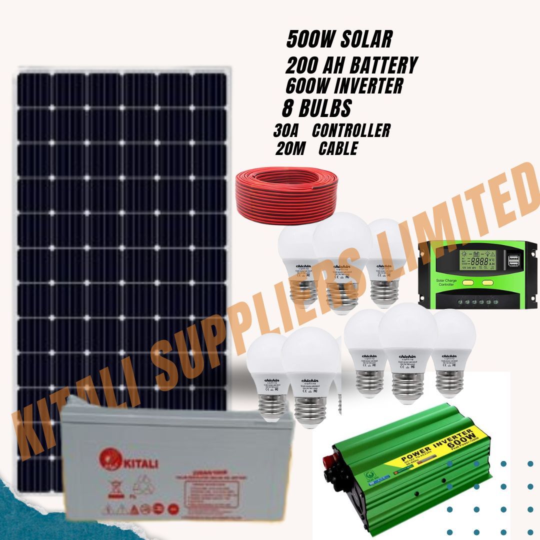 500w  solar panel ,200ah battery ,600w invrtere 30amps controller, 10m cable 
8pc bulbs
