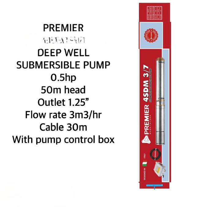 Premier Deep Well Submersible Water Pump 0.5HP 50M Head Outlet 1.25 30M Cable
