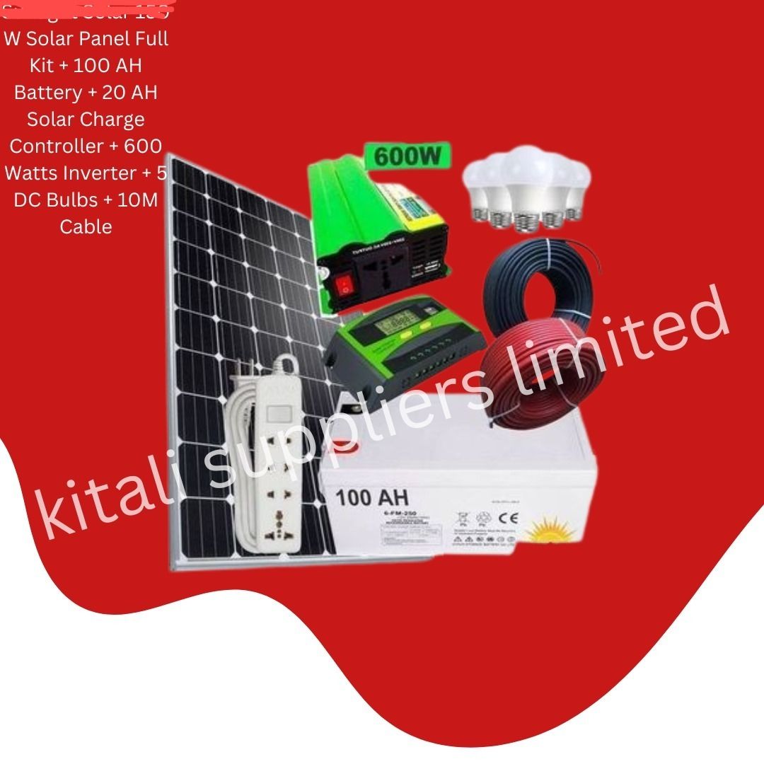 150w solar panel, 100ah battery  600w inverter 20amps controller  5pc dc bulbs, 10m cable