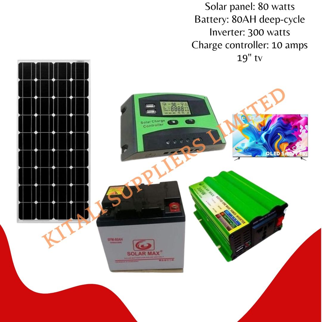 80w solar panel 80ah battery  300w inverter 10amps controller  19" tv