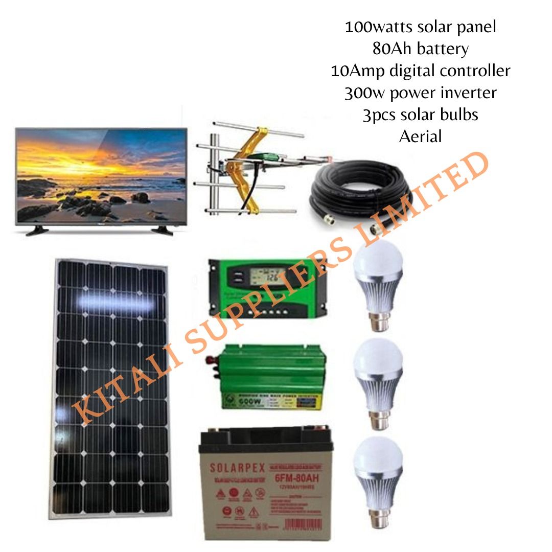 100w solar panel, 80ah battery, 10a controller aerial   300w inverter,  3pc bulbs, 19" tv