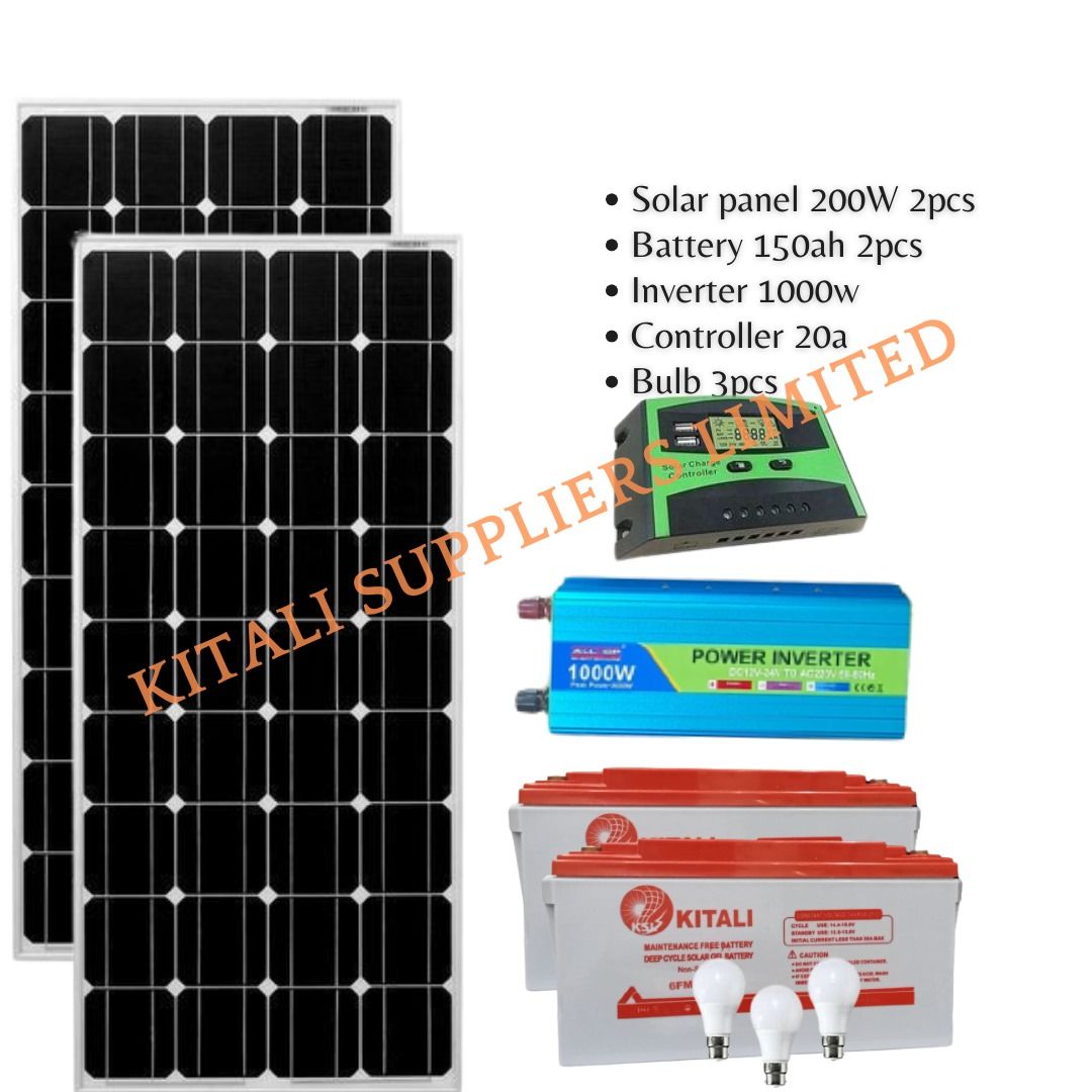 200w solar panel 2pc  150ah battery 2pc  1000w inverter  20amps digital controller  3pc bulbs