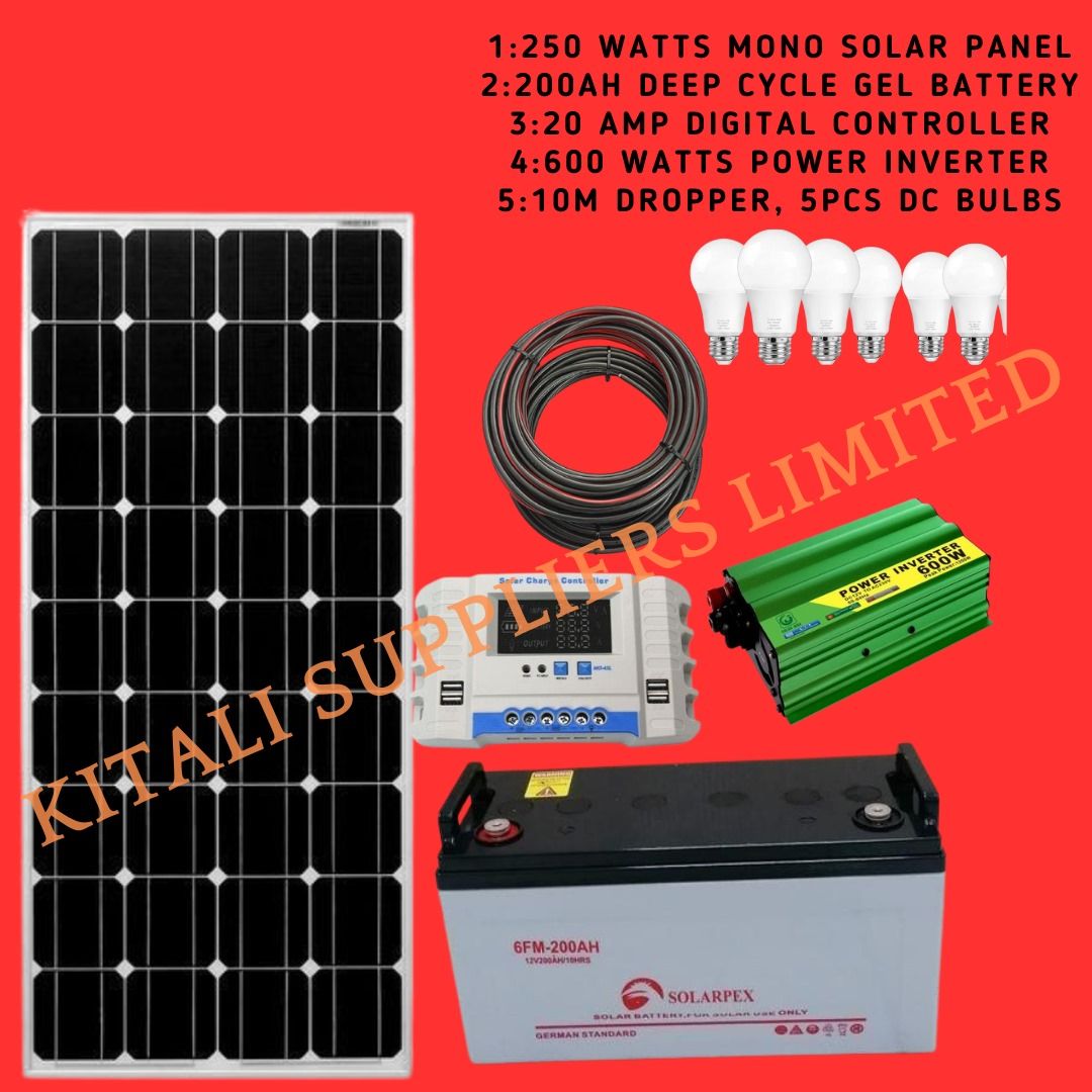 250W SOLAR PANEL, 200AH 10HR Battery,  20amps Digital controller, 600w inverter, 10m dropper cable  5pc bulbs