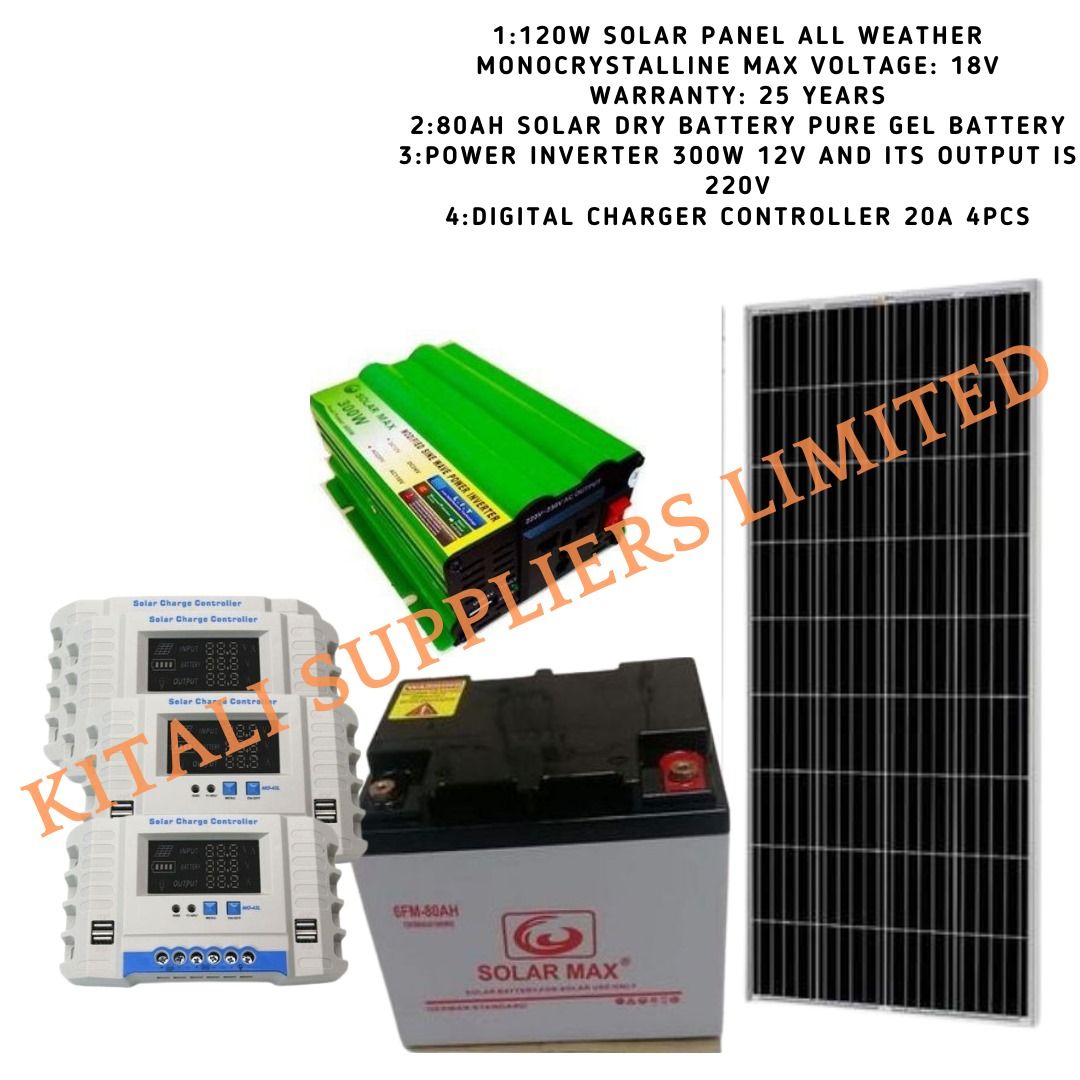 120w solar panel monocrystaline , 80ah battery, 300w inverter, 20amps digital controller 4pc