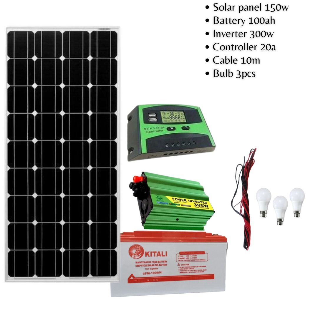 150w solar panel 100ah battery  300w inverter 20amps  controller 10m cable 3pc bulbs