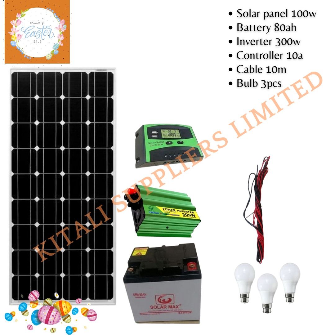 100w solar panel  80ah battery 300w inverter  10amps digital   10m cable, 3pc bulbs
