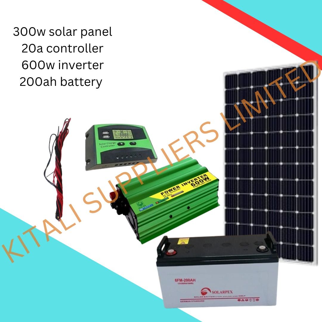 300w solar panel, 200ah battery,  20amps controller ,600w inverter, 10m cable