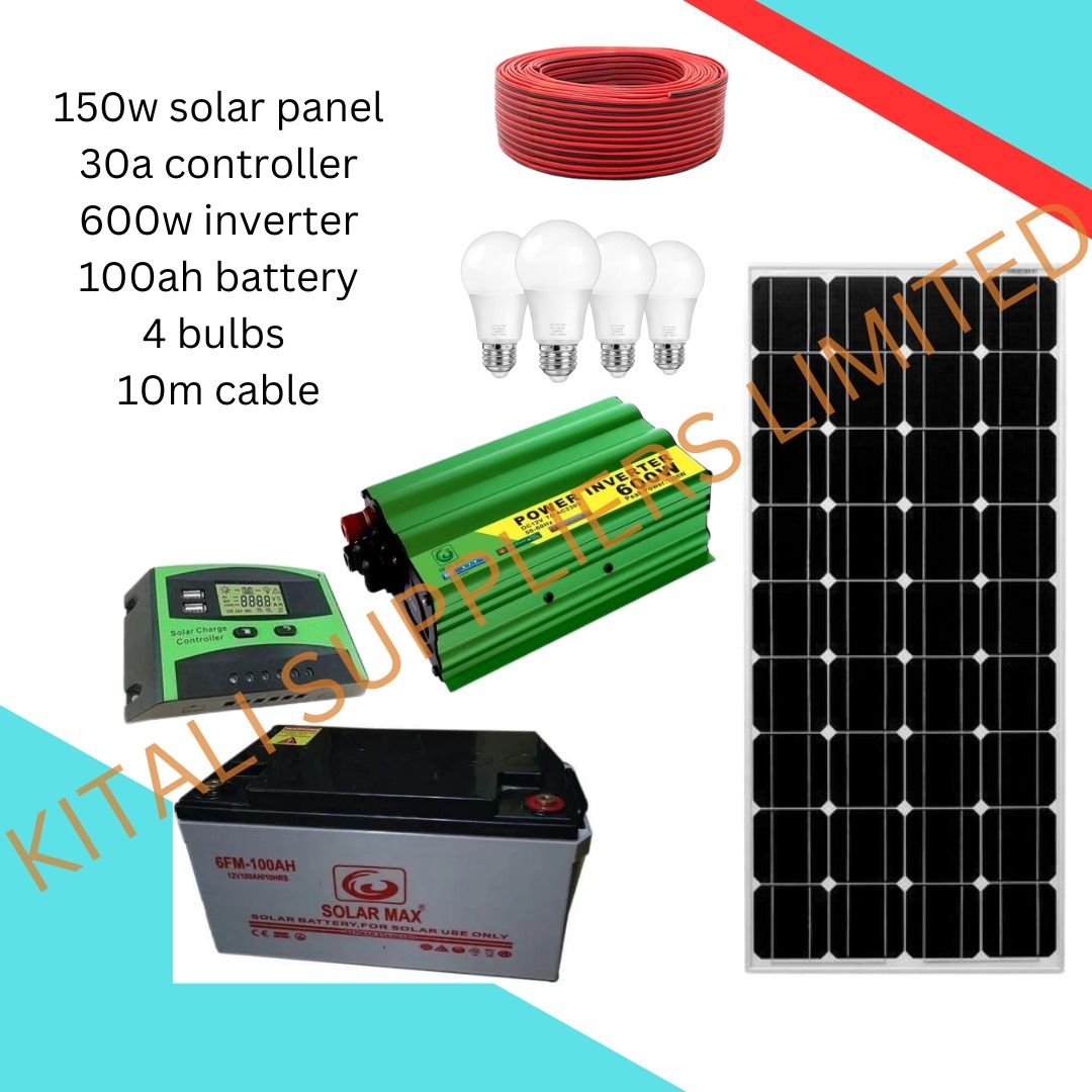 150w solar panel  30amps Controller  600w inverter  100ah solar battery  4pc bulbs  10m cable