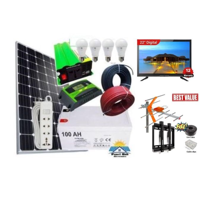 Solarmax All Weather 150W Solar Panel + 100 AH Solar Battery + 300 W Solar Power Inverter + 10 AH Solar Charge Controller + 4 DC Solar Bulbs + 22 Solar TV + Aerial + Wall Mount + Free Extension + 10M