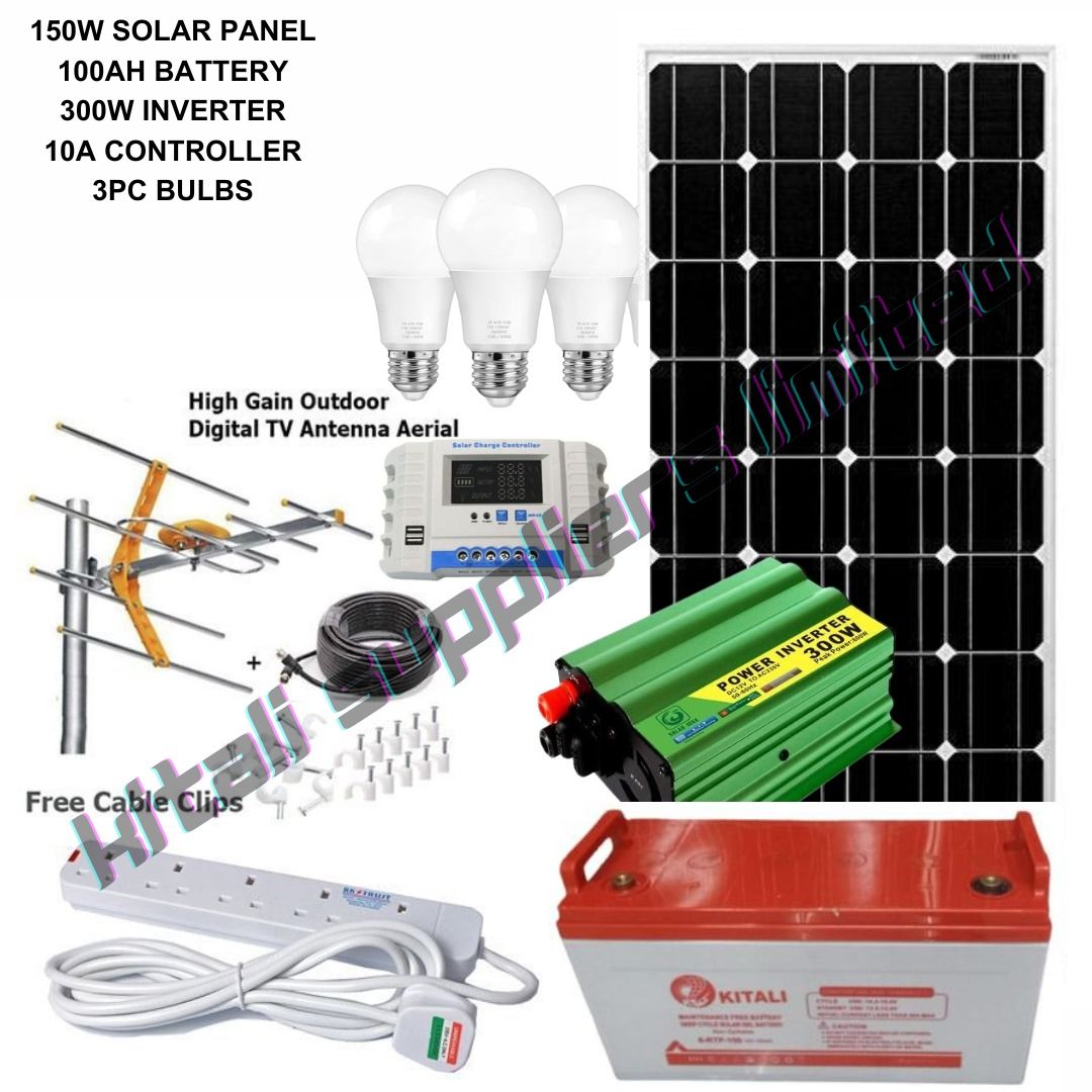 150w solar panel 100ah battery 300w inverter  10a digital controller  3pc bulbs  extension  aerial
