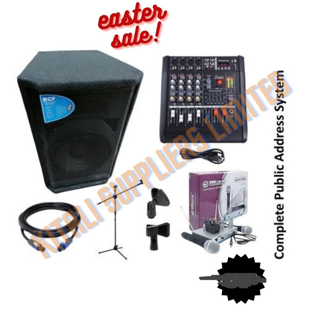 Rcf speaker 12" ,  4channel mixer , microphone stand,  omax microphone  2pair specon