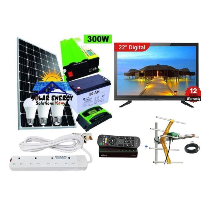 Solarmax 100W Solar Panel Full Installation Kit 100W Solar Panel + 80AH Solar Battery + 300W Solar Inverter + 10AH Solar Controller + 3 DC Bulbs + Free 22 DC Solar TV + Extension + Aerial + GOTV Decod