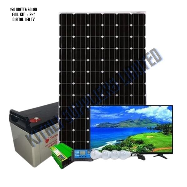 150W SOLAR PANEL  100AH BATTERY   10AMPS CONTROLLER 300W INVERTER + 24" TV,  4PC BULBS