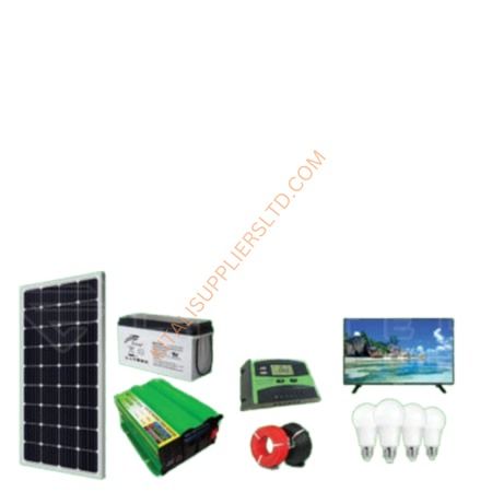 450w solar panel 200ah Ritar battery, 600w inverter, 20amps digital controller 20m dropper cable, 4pc bulbs  32" digital tv