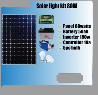 80w solar panel monocrystaline,  50ah battery 150va inverter , 10amps digital controller, 5pc bulbs