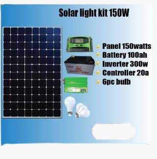 150w solar panel 100ah battery 300w inverter 20amps digital controller  3pc bulbs