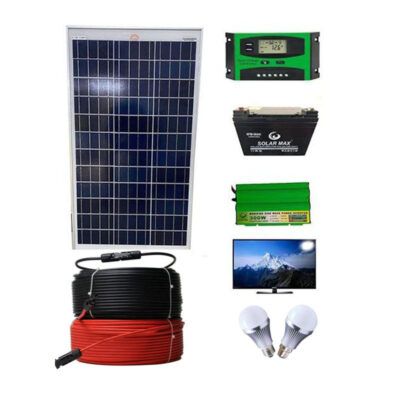 100w solar panel 80ah battery 300w inverter 10a controller  2p bulbs 10m dropper cable 19" tv