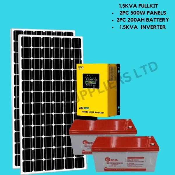 2pc 300w solar panel 2pc 200ah battery 1.5kva hybrid inverter