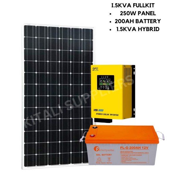 1.5kva solarpex inverter, 250w solar panel, 200ah battery felicity