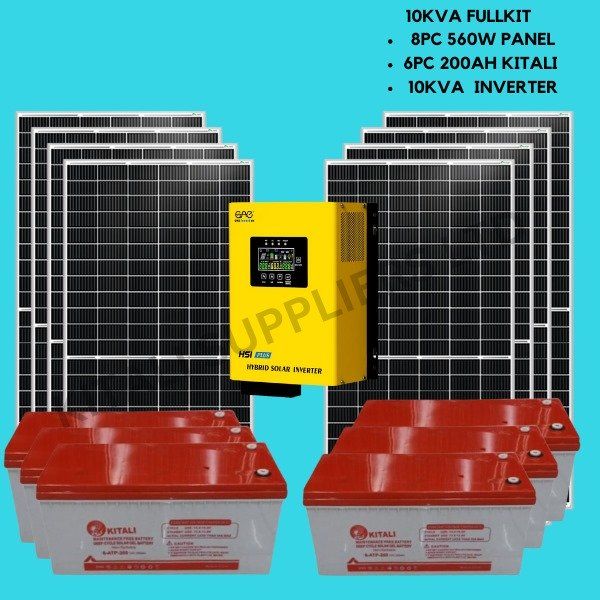 10kva inverter 6pc 200ah battery kitali, 8pc 560w solar panel hybrid system