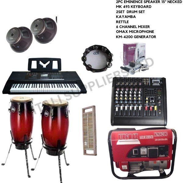 2pc 15" Eminance speaker necked, mk 493 keyboard, 2 set Drum set, kayamba, Rettle, 6 channel mixer, Omax microphone, Km -4200 Generator