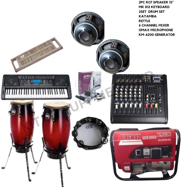 Trill speaker 825, 8 channel mixer, 1pc speaker stand, keyboard stand, 473keyboard stand, Uhf microphone Tama drum set,