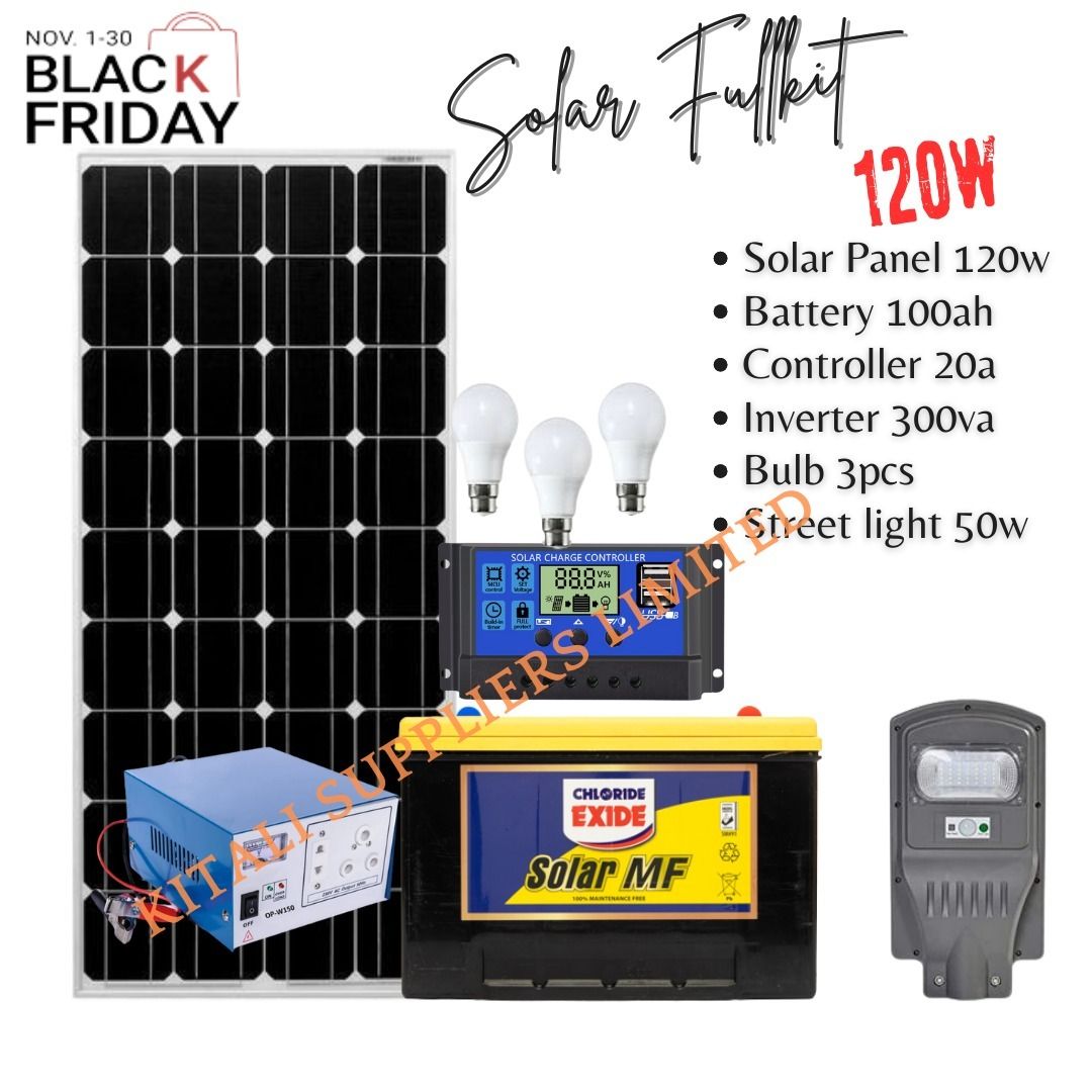 120w sunnypex panel, 100ah dry cell battery, 20a controller,  300v inverter  3pc bulbs , 50w streetlight