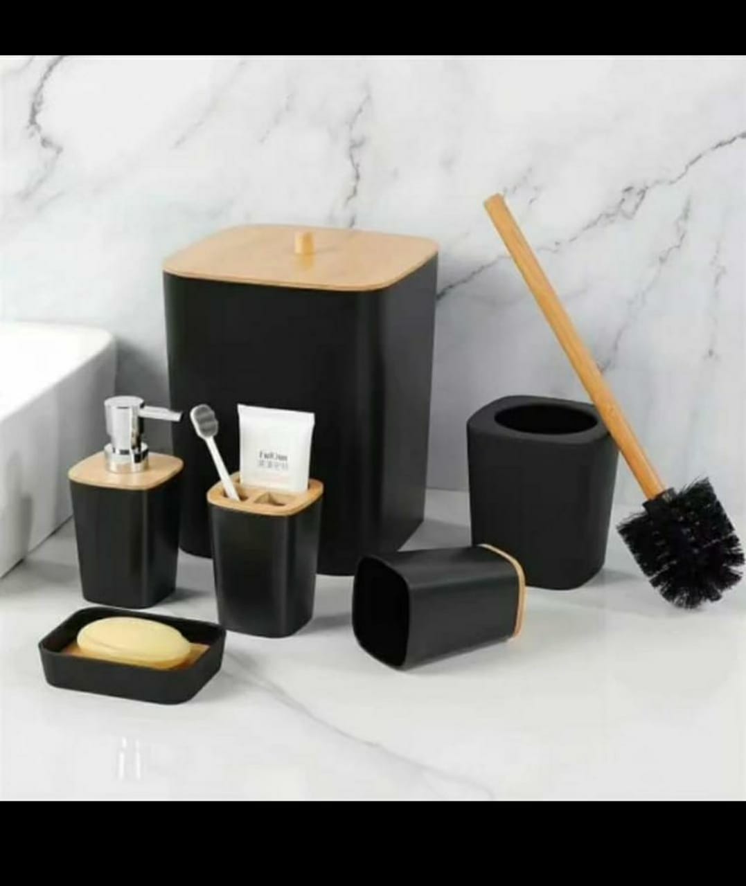 [SPECIAL OFFER] 6 in 1 Plastic with bamboo lid bathroom organizers 
it has☑ Dustin
                ☑ toilet brush
                ☑ toothbrush holder
                ☑soap dish
                ☑ tooth